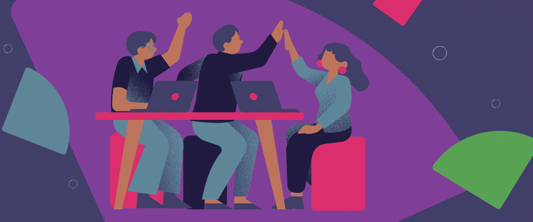 Two men and a lady talking and high fiving as if they have just achieved something